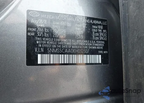 2019 Hyundai Santa Fe Limited 2.0T from USA, damaged, VIN 5NMS5CAA0KH032307